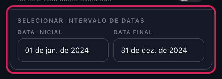 Campos de data de início e fim na seção de intervalo de datas do Unpost para o Slack