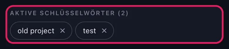 Aktive Schlüsselwort-Chips im Bereich „Nach Schlüsselwörtern löschen" von Unpost für Slack