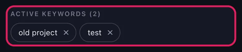 Active keyword chips in Unpost's "Delete by Keywords" section for Slack