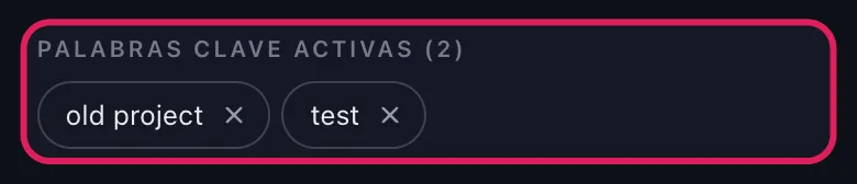 Chips de palabras clave activas en la sección "Eliminar por Palabras Clave" de Unpost para Slack