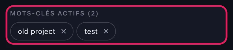 Puces de mots-clés actifs dans la section « Supprimer par mots-clés » d'Unpost pour Slack