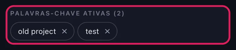 Chips de palavras-chave ativas na seção "Excluir por Palavras-chave" do Unpost para o Slack