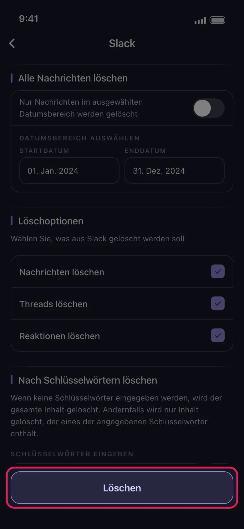 Unpost-Bildschirm mit Slack-Löschoptionen und hervorgehobener Schaltfläche „Löschen"