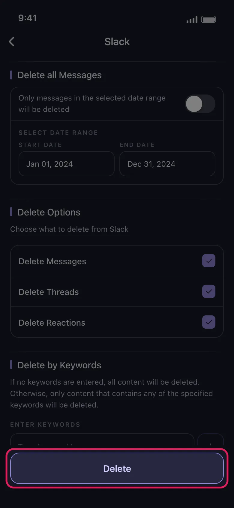 Unpost Slack delete options screen with the Delete button highlighted