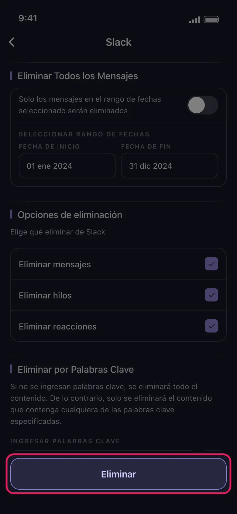 Pantalla de opciones de eliminación de Unpost para Slack con el botón Eliminar resaltado