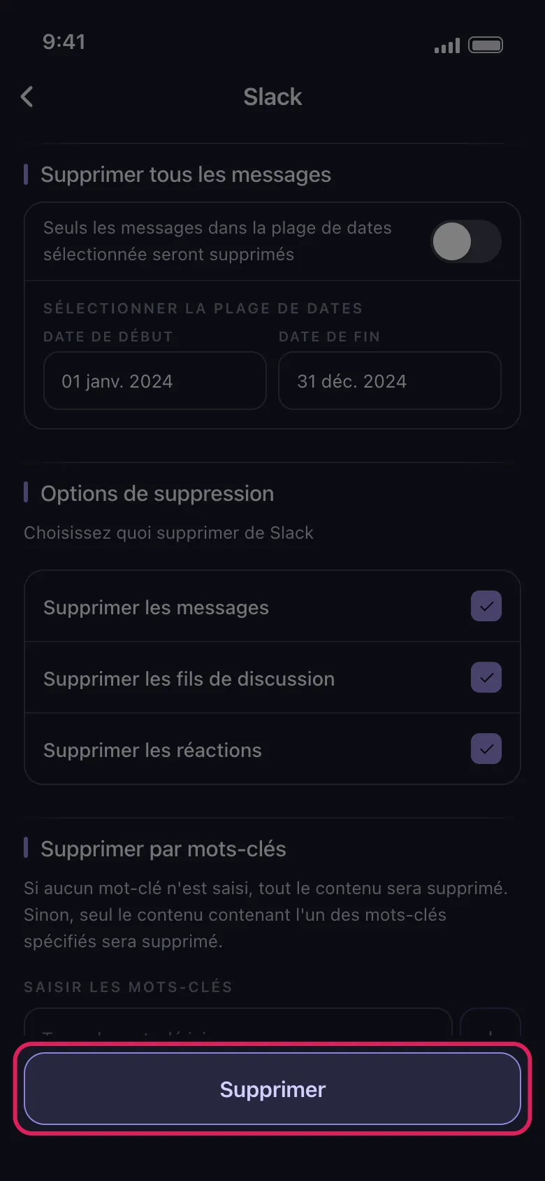 Écran des options de suppression Slack dans Unpost avec le bouton « Supprimer » mis en avant