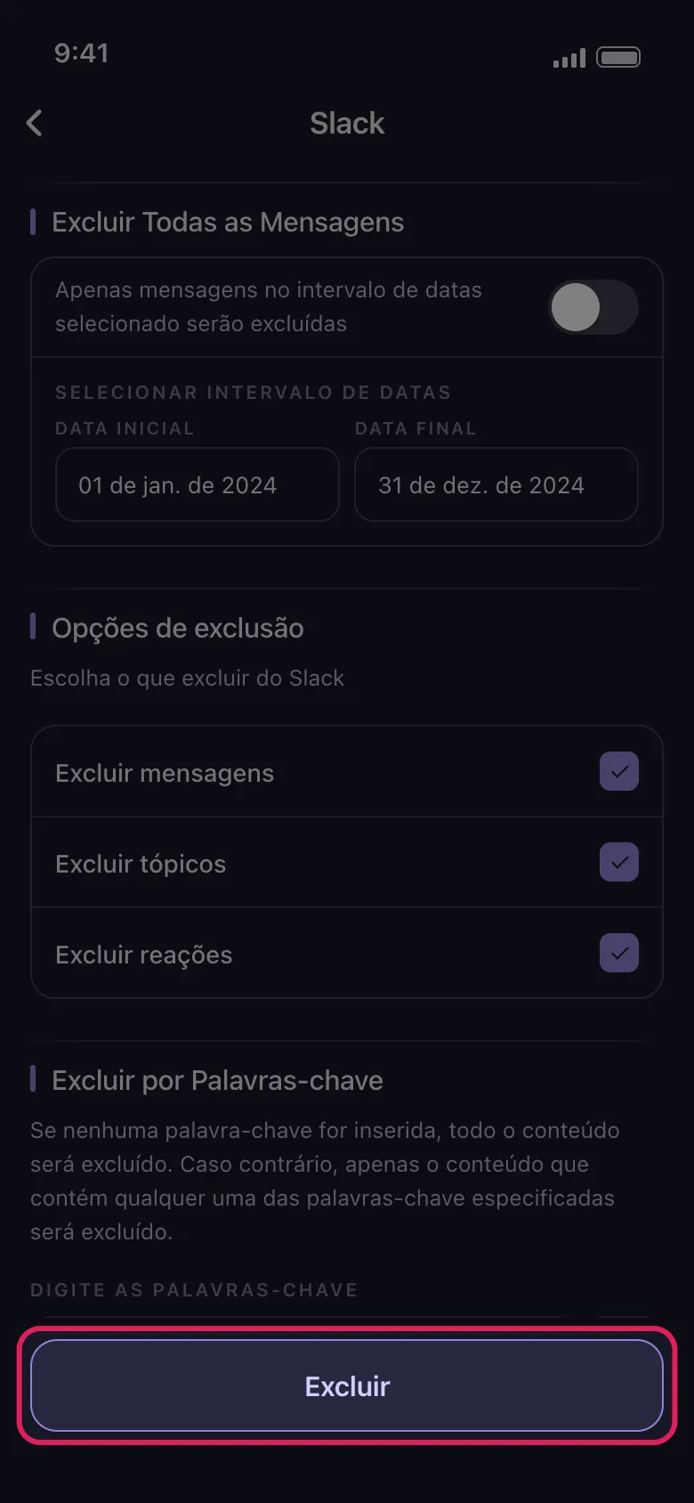 Tela de opções de exclusão do Unpost para o Slack com o botão Excluir em destaque