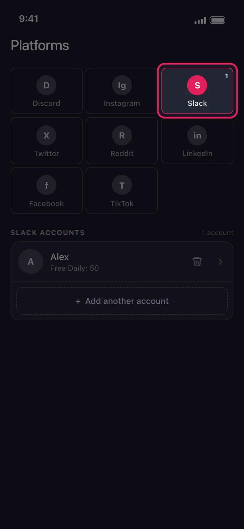 Unpost home screen with the Slack tile selected and the connected Slack account below it