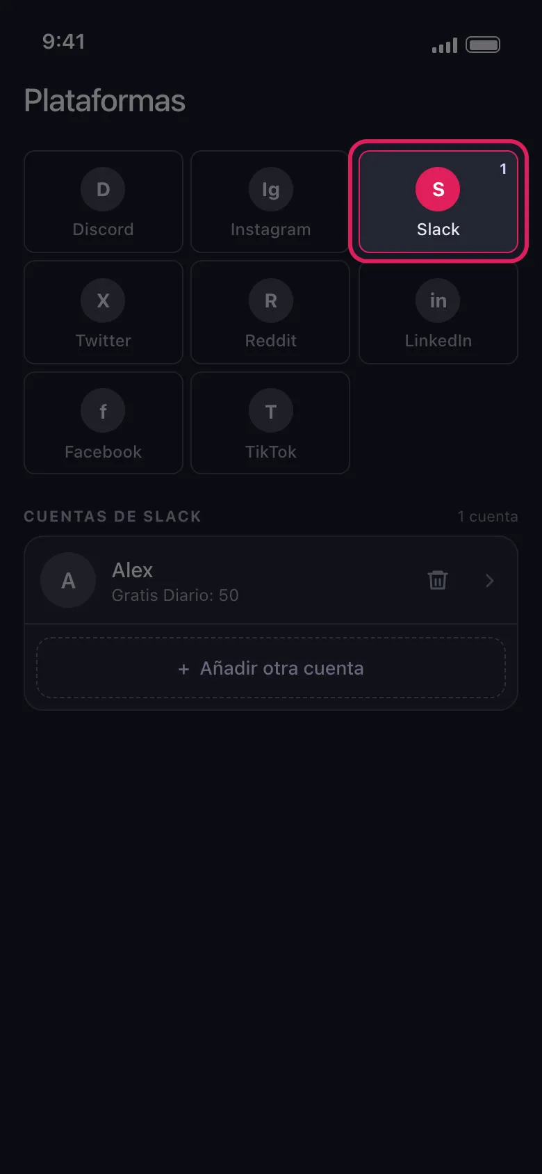 Pantalla principal de Unpost con la ficha de Slack seleccionada y la cuenta de Slack conectada debajo