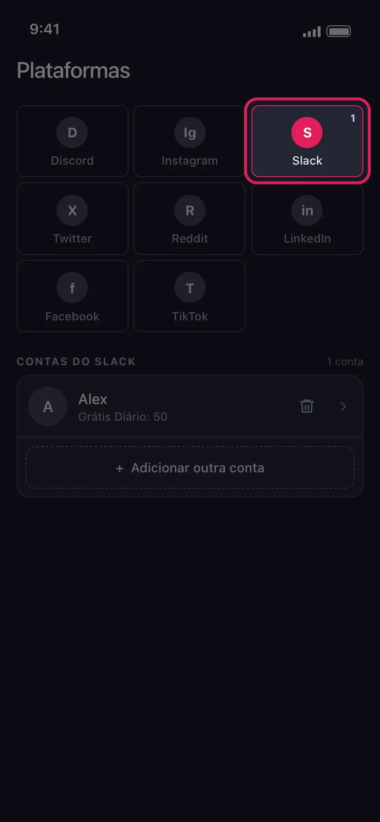 Tela inicial do Unpost com o Slack selecionado e a conta do Slack conectada logo abaixo