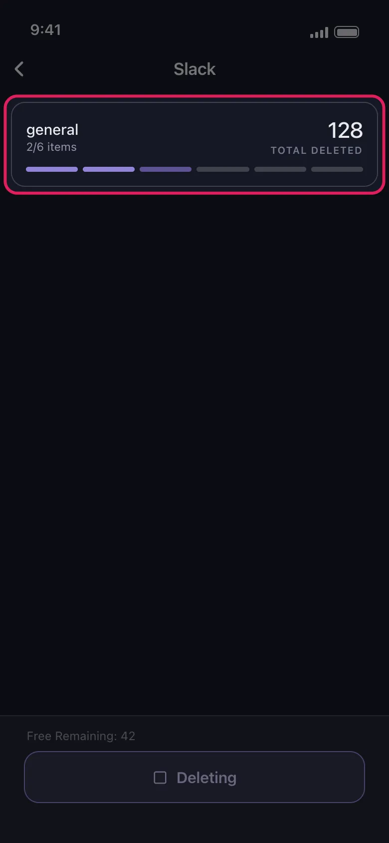 Unpost deletion progress card showing the Slack channel being cleared and the total number of messages deleted