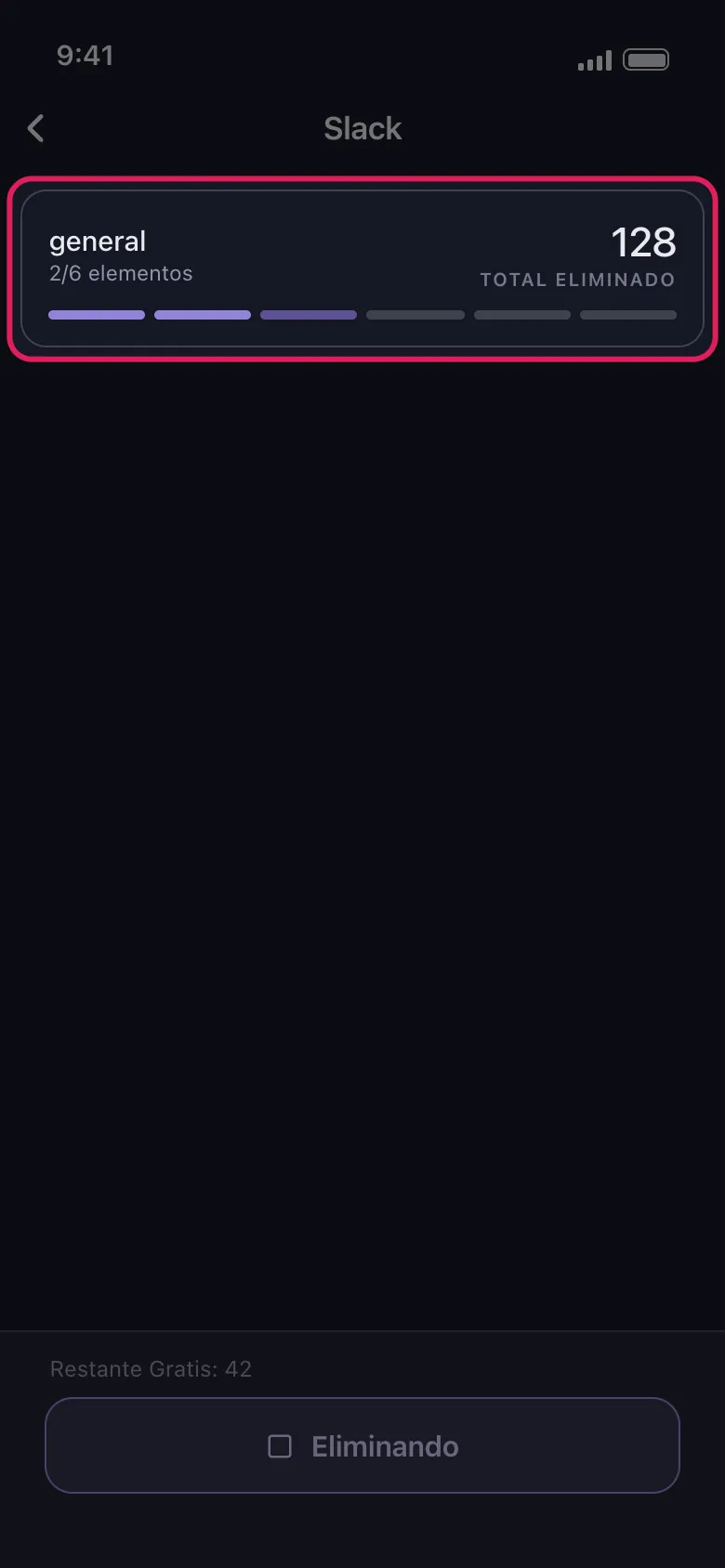 Tarjeta de progreso de eliminación de Unpost mostrando el canal de Slack en proceso y el total de mensajes eliminados