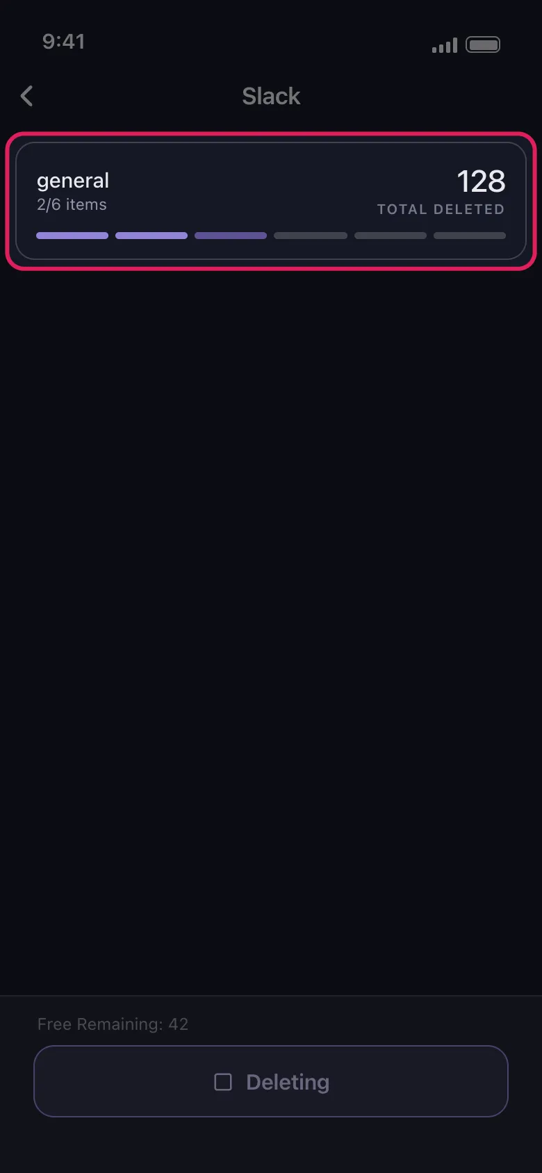 Temizlenmekte olan Slack kanalını ve toplam silinen mesaj sayısını gösteren Unpost silme ilerleme kartı