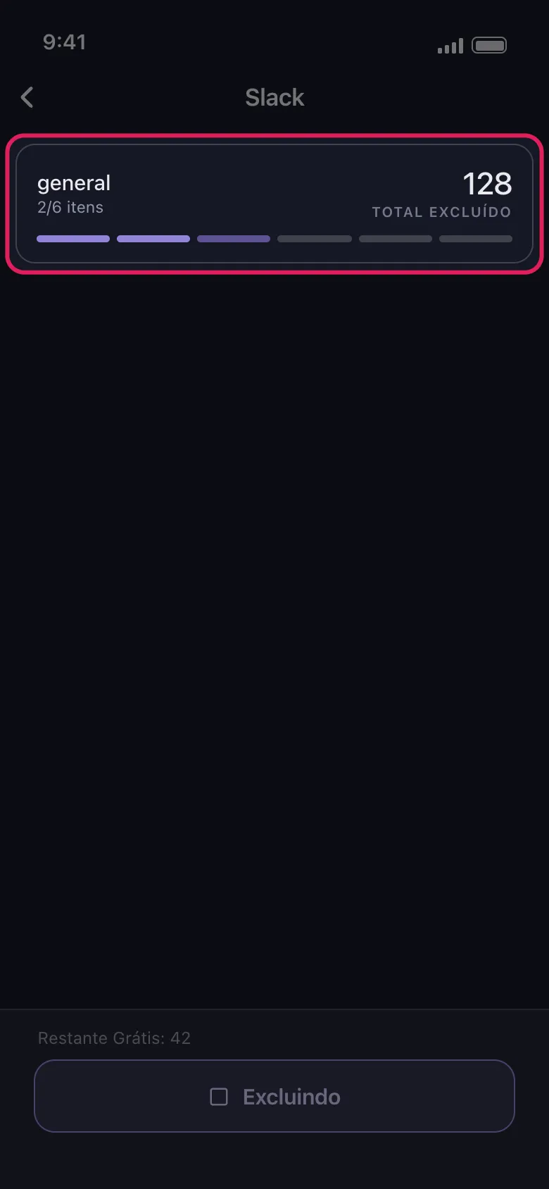 Card de progresso do Unpost mostrando o canal do Slack sendo limpo e o total de mensagens excluídas
