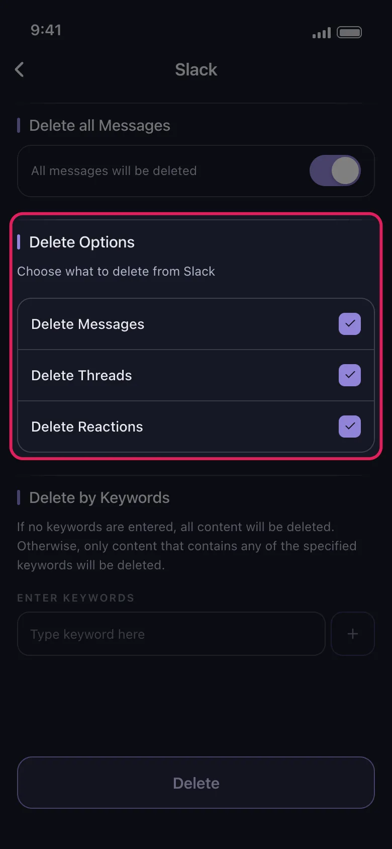 Slack’s Delete Options highlighted, with Delete Messages, Delete Threads and Delete Reactions ticked.