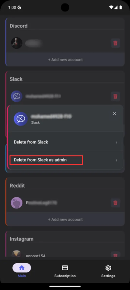 Slack admin options in Unpost app showing admin deletion mode