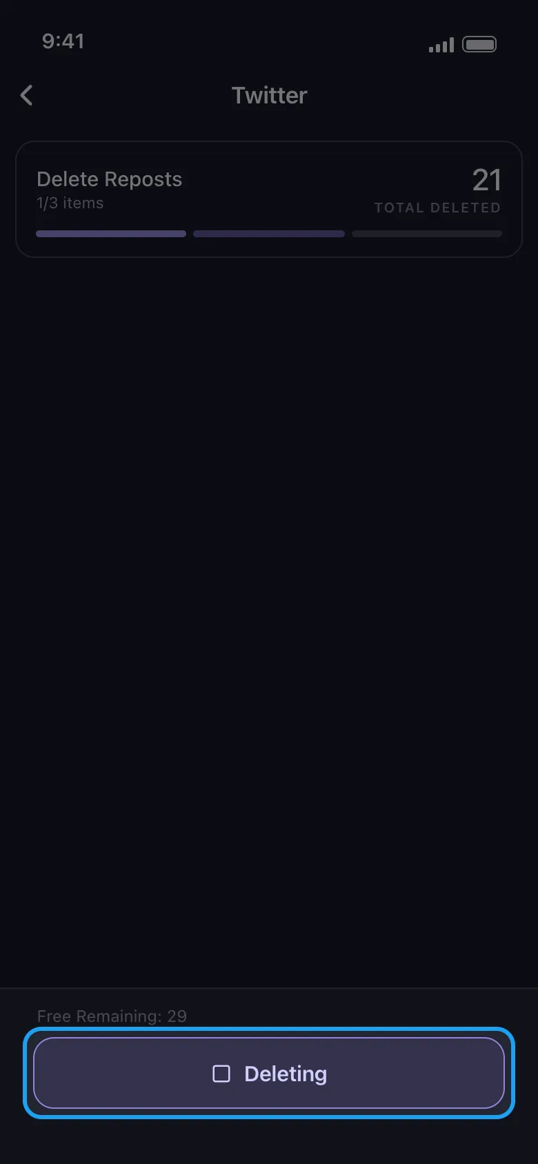 The run screen with the Deleting button highlighted at the bottom.
