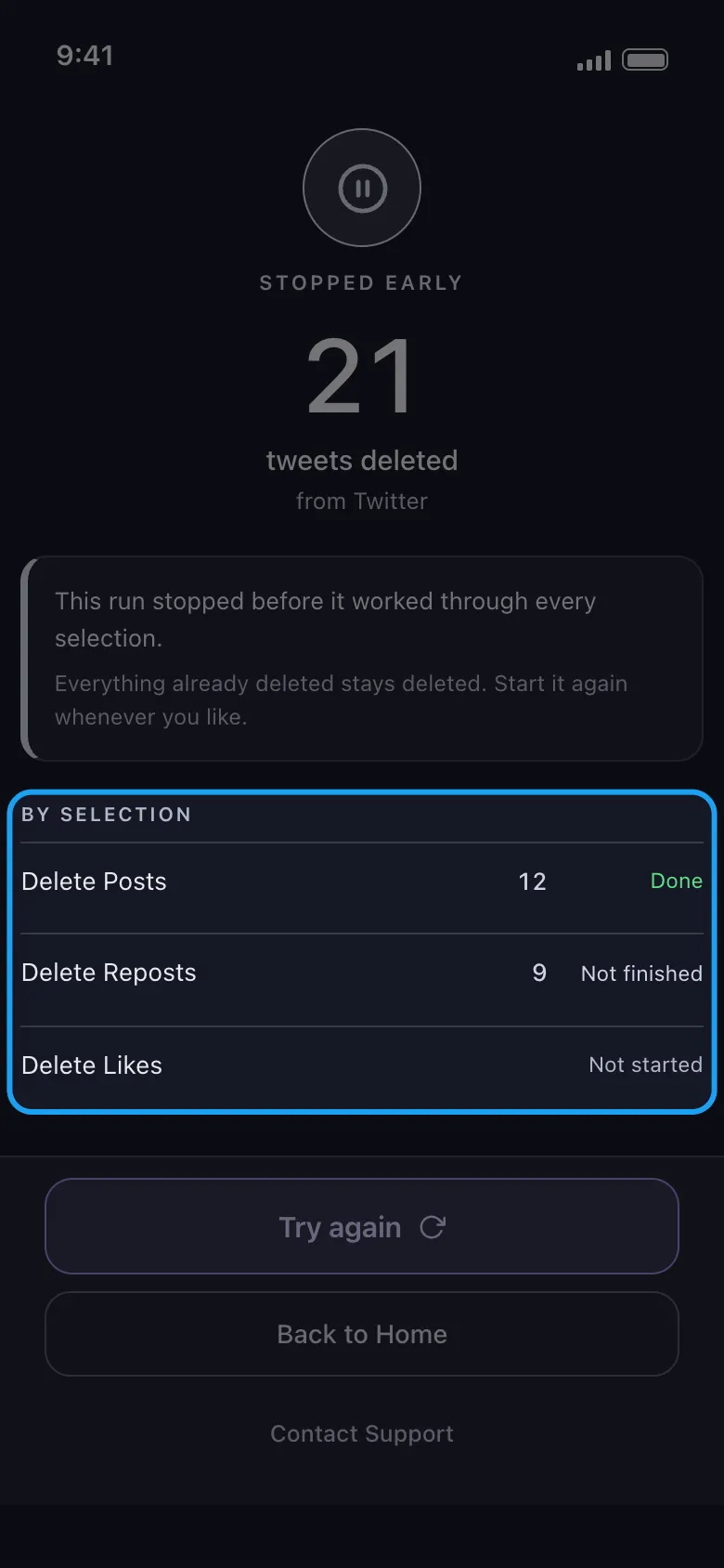The Stopped early result with the By selection list highlighted: Done, Not finished and Not started.