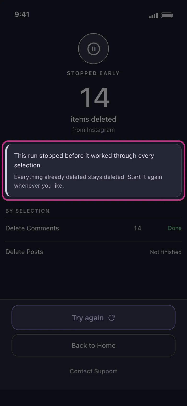 The Stopped early result with its explanation highlighted, above By selection: Delete Comments Done, Delete Posts Not finished.