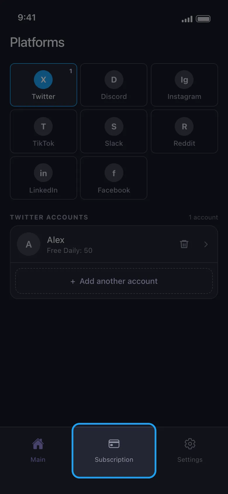 The home screen with the Subscription tab highlighted in the bottom bar.