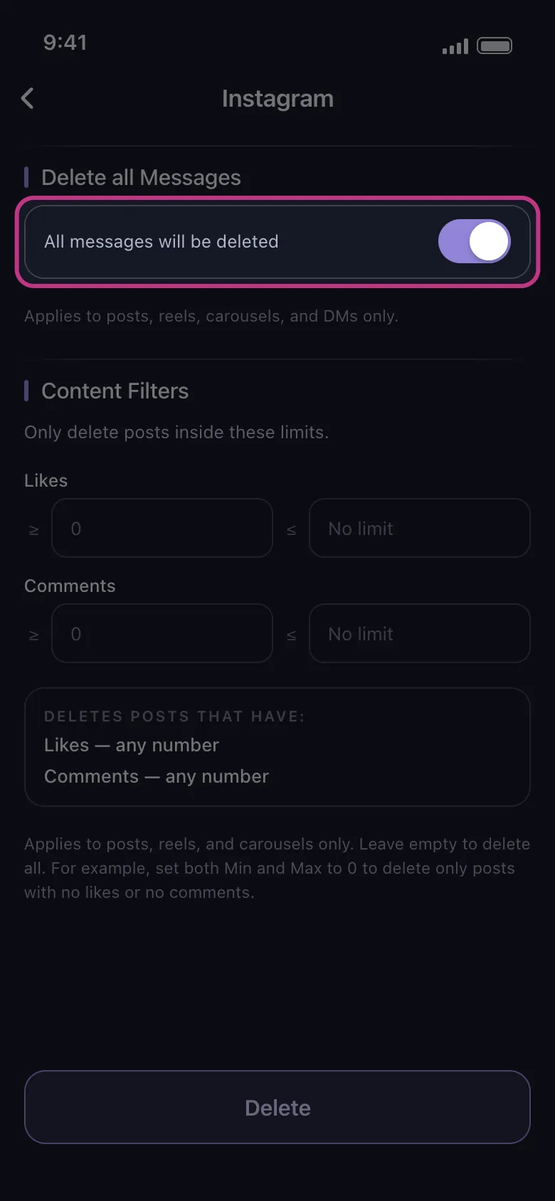 Instagram’s options screen with the Delete all Messages switch highlighted, on, beside All messages will be deleted.