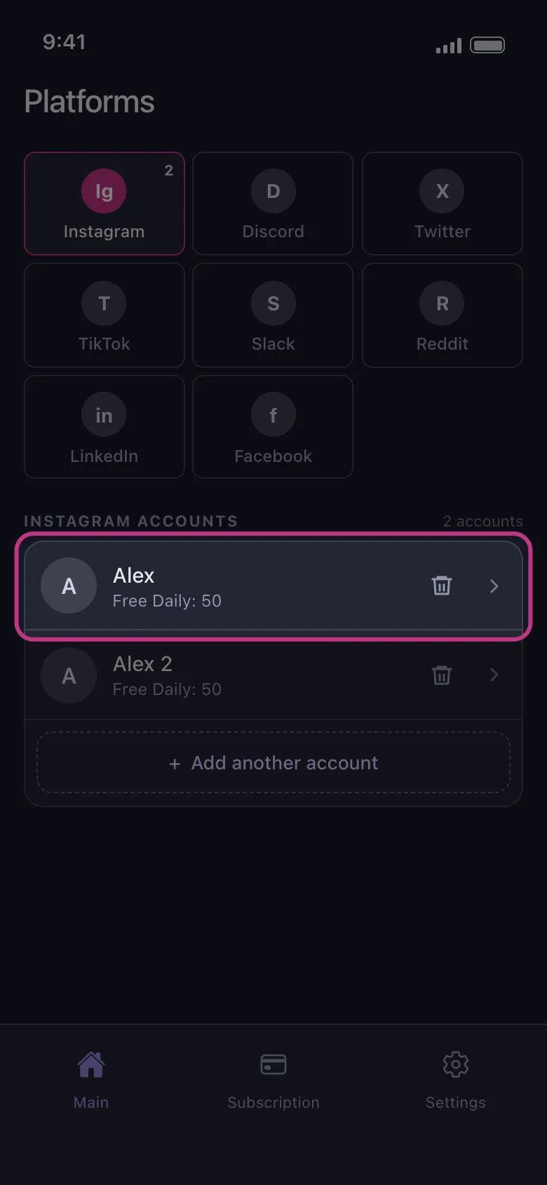 The Instagram accounts list with two accounts, each with Free Daily: 50, the first row highlighted.