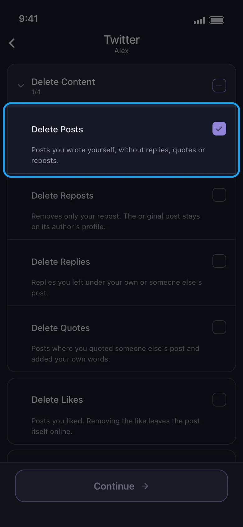 X’s list, headed Twitter, with Delete Posts ticked and highlighted inside the Delete Content group.