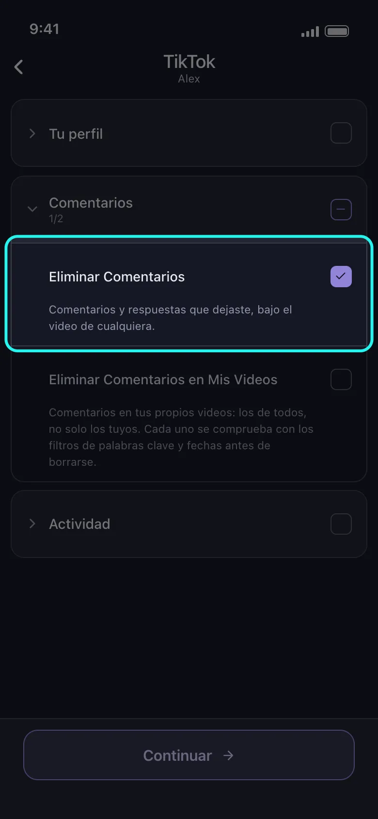 Lista de qué borrar de TikTok en Unpost con el grupo Comentarios abierto y la fila resaltada Eliminar Comentarios marcada, con Eliminar Comentarios en Mis Videos justo debajo y el botón Continuar más abajo.