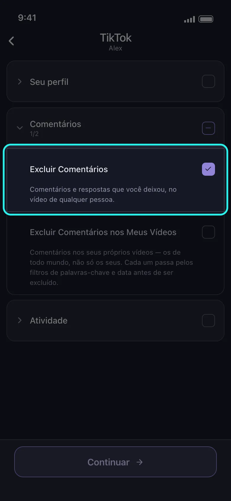 Lista do que excluir do TikTok no Unpost com o grupo Comentários aberto e a linha destacada Excluir Comentários marcada, Excluir Comentários nos Meus Vídeos logo abaixo e o botão Continuar no rodapé.