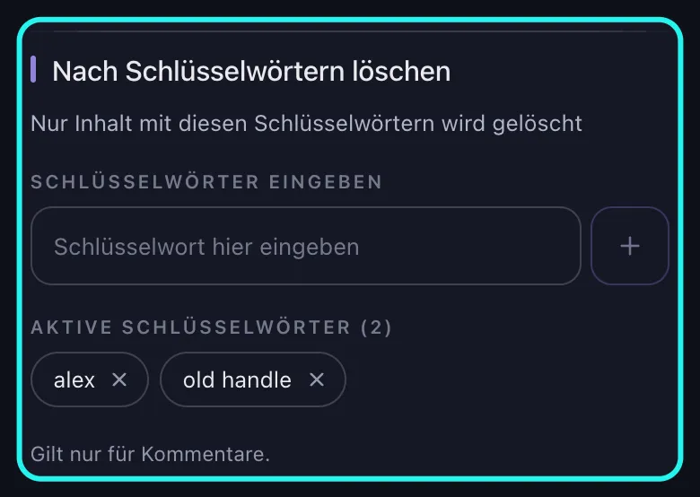 Nahaufnahme des hervorgehobenen Abschnitts „Nach Schlüsselwörtern löschen“ auf dem Bildschirm „Löschoptionen“ für TikTok: das Eingabefeld „Schlüsselwort hier eingeben“, zwei Einträge in der Liste „Aktive Schlüsselwörter“ und der Hinweis, dass der Filter nur für Kommentare gilt.