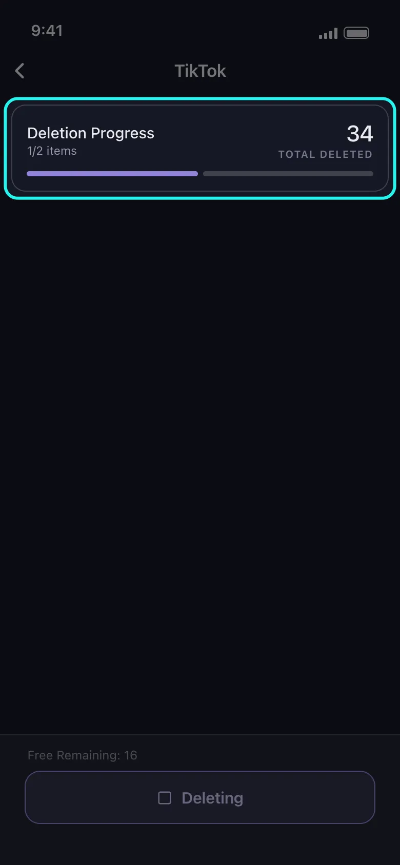 Layar progres penghapusan Unpost untuk TikTok dengan kartu progres disorot: judul Deletion Progress, hitungan 1 of 2 items, total berjalan 34 yang sudah dihapus, dan bilah yang terbagi satu segmen untuk setiap pilihan yang dicentang, di atas footer sisa kuota gratis dan tombol stop.