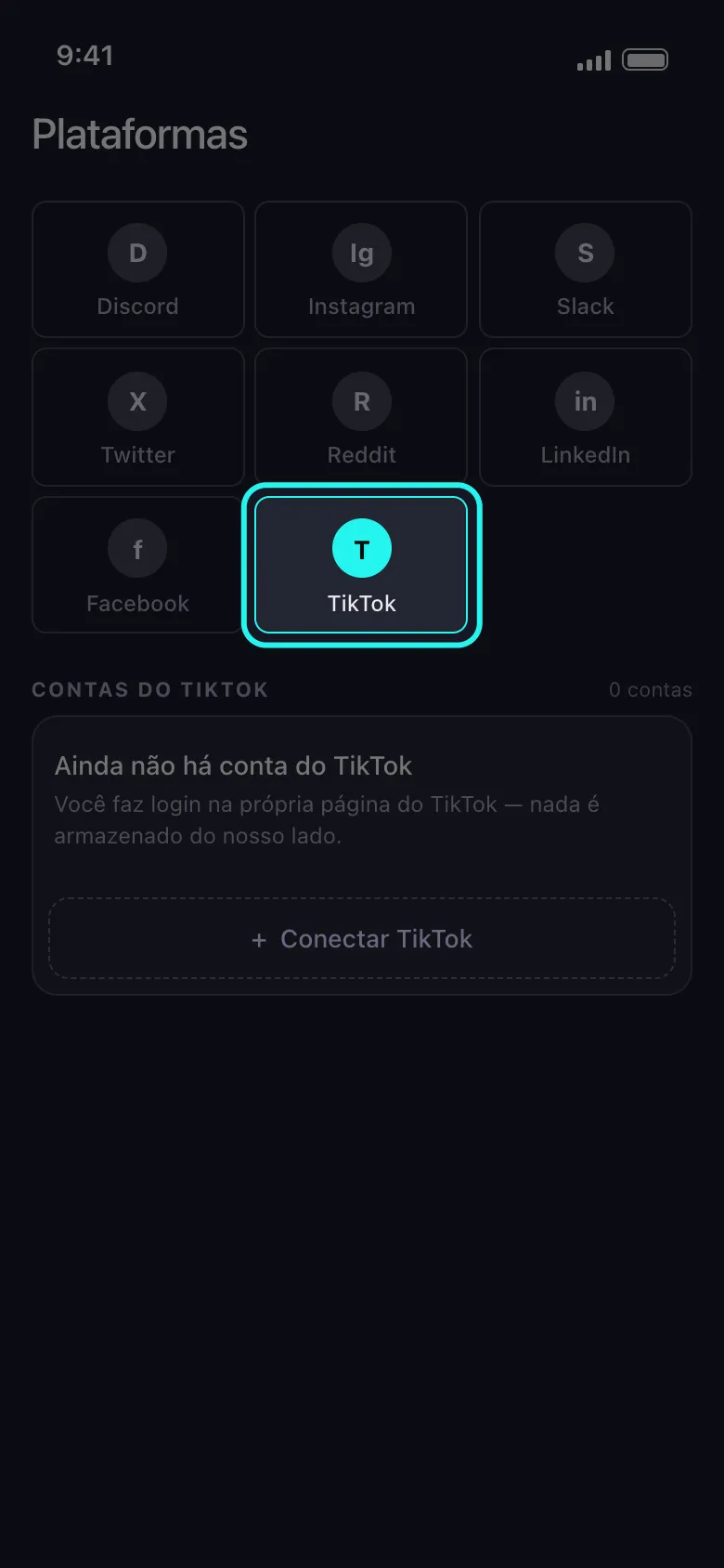 Tela Plataformas do Unpost com o bloco do TikTok destacado entre os blocos das plataformas, acima do card Contas do TikTok ainda vazio e do botão Conectar TikTok.