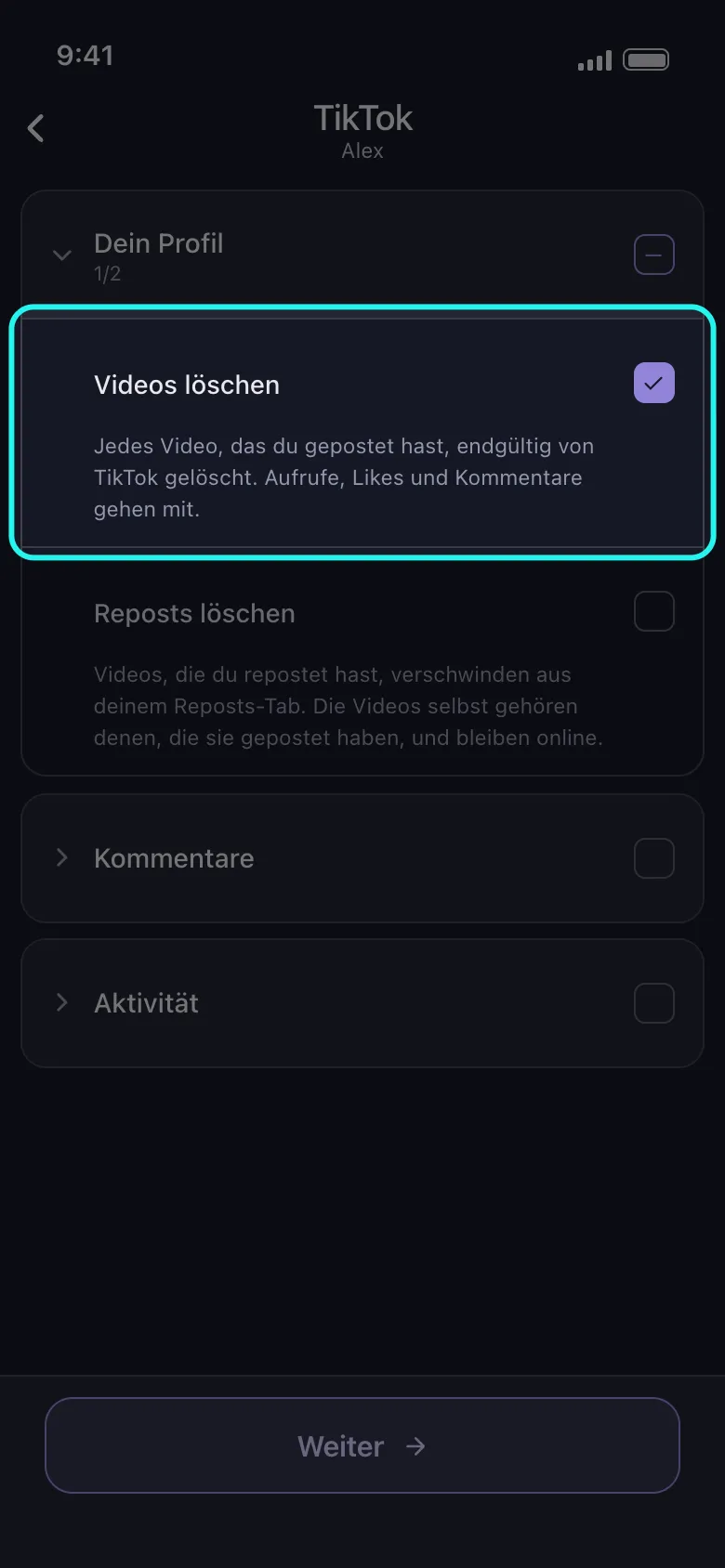 Unposts Auswahlliste für TikTok mit der geöffneten Gruppe „Dein Profil“ und der hervorgehobenen, angehakten Zeile „Videos löschen“ über „Reposts löschen“, den Gruppen „Kommentare“ und „Aktivität“ noch zugeklappt und dem Button „Weiter“ darunter.