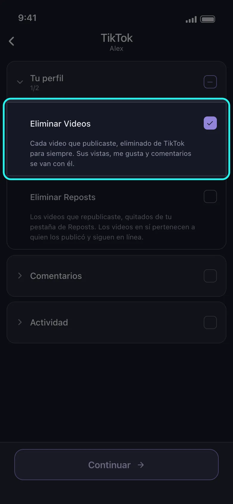 Lista de qué borrar de TikTok en Unpost con el grupo Tu perfil abierto y la fila resaltada Eliminar Videos marcada encima de Eliminar Reposts, los grupos Comentarios y Actividad todavía cerrados, y el botón Continuar debajo.