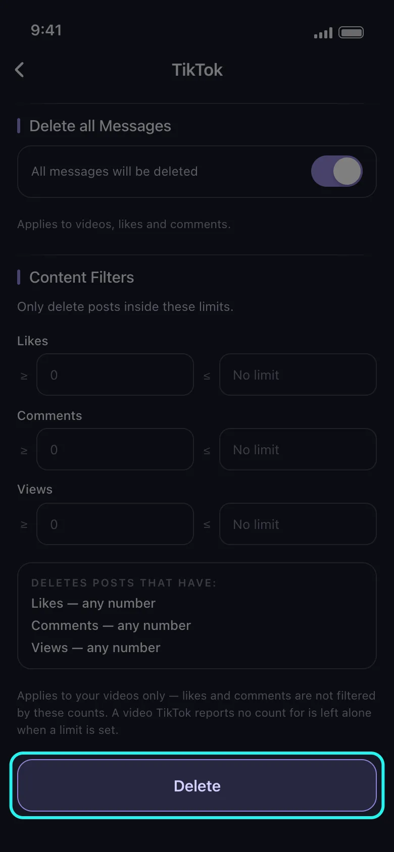 Unpost'ta TikTok'un Delete Options ekranı: filtrelere dokunulmamış — tümünü silme anahtarı açık, Content Filters sınırsız — ve alt bölümde vurgulanan Delete düğmesi.
