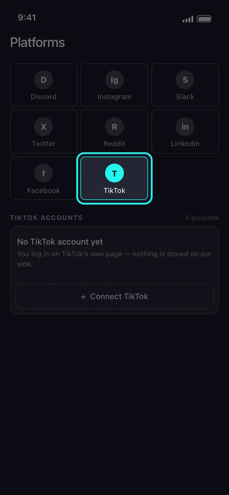 Unpost's Platforms home screen with the TikTok tile highlighted in the grid of platform tiles, above the "No TikTok account yet" card and its Connect TikTok button.