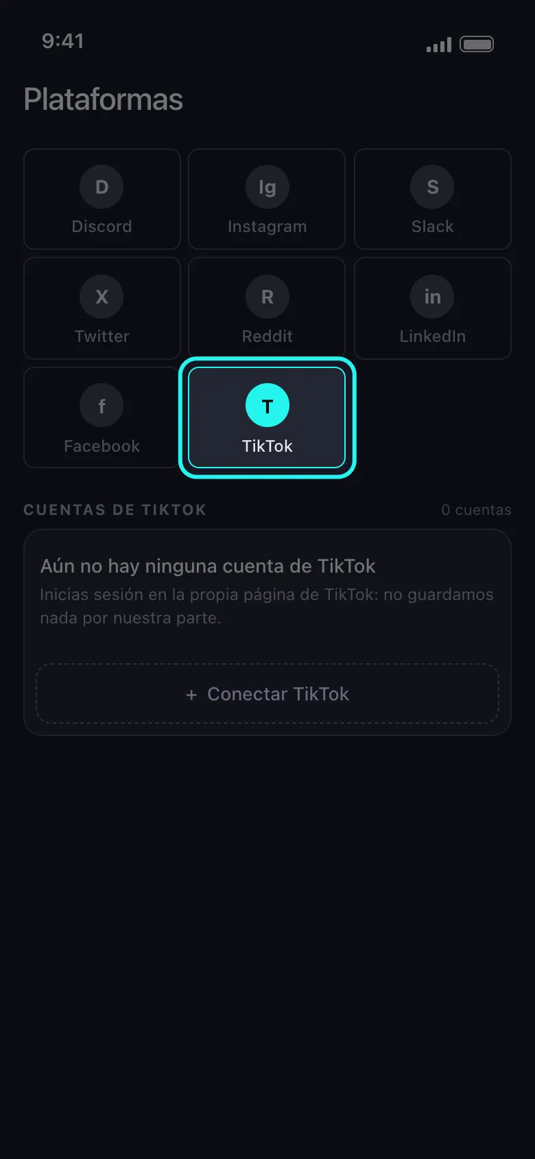 Pantalla Plataformas de Unpost con la tarjeta de TikTok resaltada en la cuadrícula de plataformas, encima de la tarjeta «Aún no hay ninguna cuenta de TikTok» y su botón Conectar TikTok.