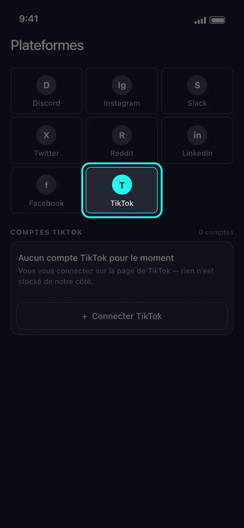 L'écran d'accueil Plateformes d'Unpost, avec la tuile TikTok mise en évidence dans la grille des plateformes, au-dessus de la carte « Aucun compte TikTok pour le moment » et de son bouton Connecter TikTok.