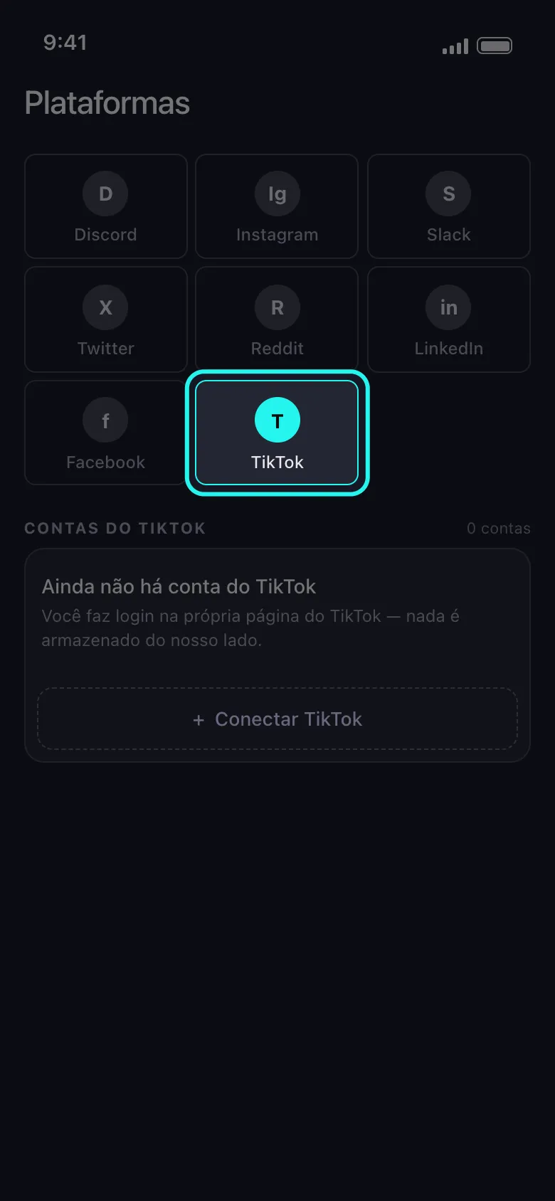 Tela inicial Plataformas do Unpost com o bloco do TikTok destacado na grade de plataformas, acima do card "Ainda não há conta do TikTok" e do botão "Conectar TikTok".