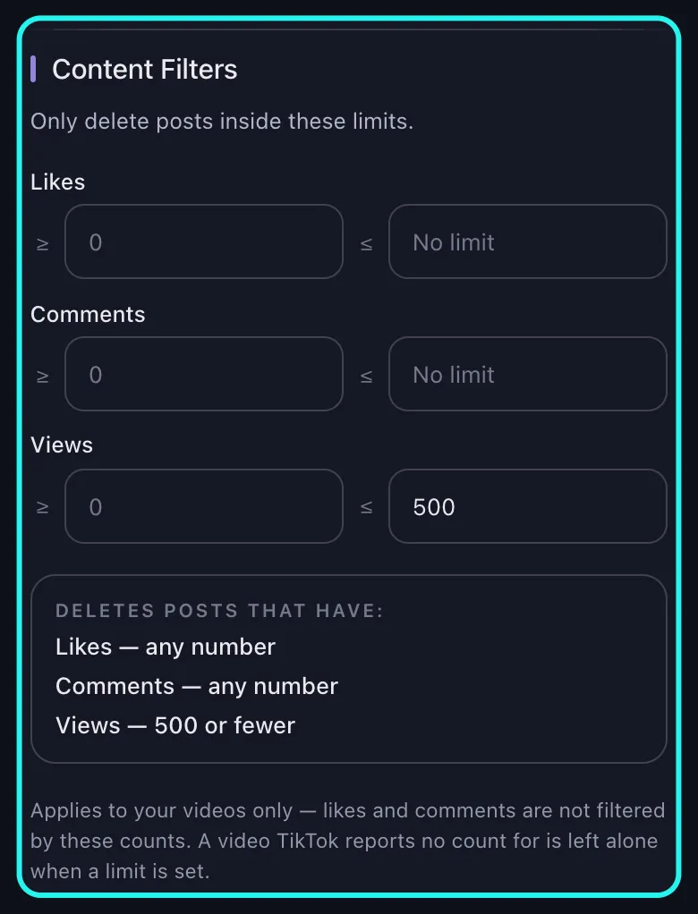 Close-up of the highlighted Content Filters section on TikTok's Delete Options screen: the Likes, Comments and Views rows, each a pair of at-least and at-most boxes, with 500 typed into the Views at-most box, the summary underneath reading 500 or fewer views, and the note that the limits apply to your videos only.