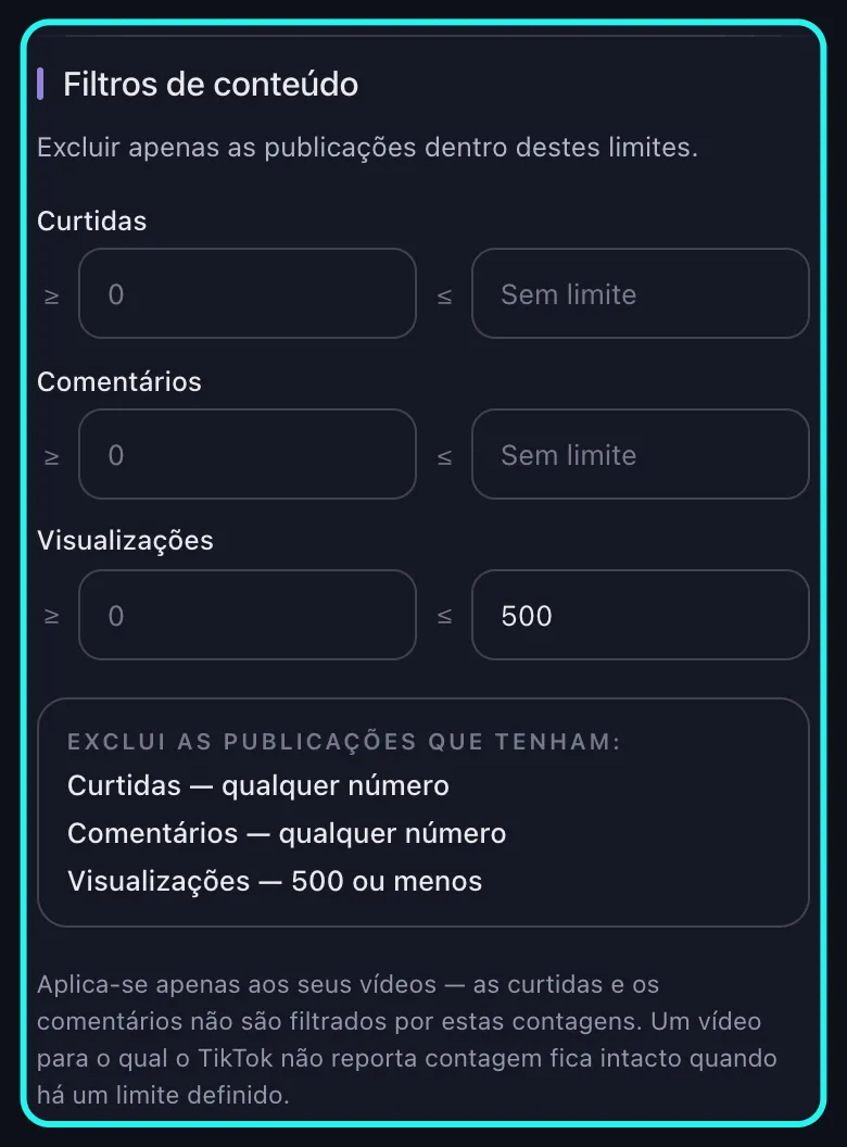 Close no bloco destacado "Filtros de conteúdo" da tela "Opções de exclusão" do TikTok: as linhas "Curtidas", "Comentários" e "Visualizações", cada uma com um par de caixas de mínimo e máximo, com 500 digitado na caixa de máximo de "Visualizações", o resumo abaixo lendo "500 ou menos" e a nota de que os limites se aplicam apenas aos seus vídeos.