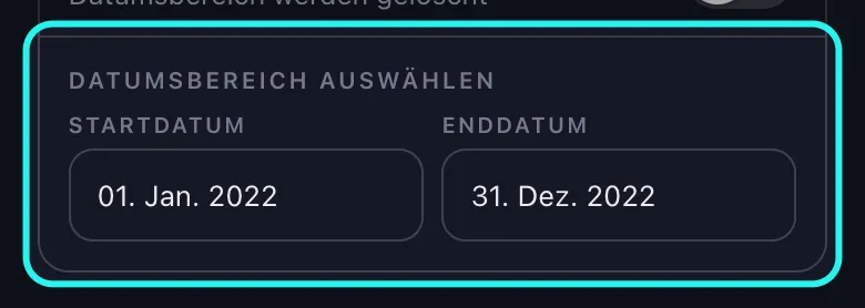 Nahaufnahme der hervorgehobenen Karte „Datumsbereich auswählen“ auf dem Löschoptionen-Bildschirm für TikTok in Unpost, mit „01. Jan. 2022“ im Feld „Startdatum“ und „31. Dez. 2022“ daneben im Feld „Enddatum“.