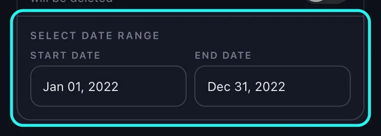 Close-up of the highlighted Select Date Range card on TikTok's Delete Options screen in Unpost, with Jan 01, 2022 filled into the Start Date box and Dec 31, 2022 into the End Date box side by side.