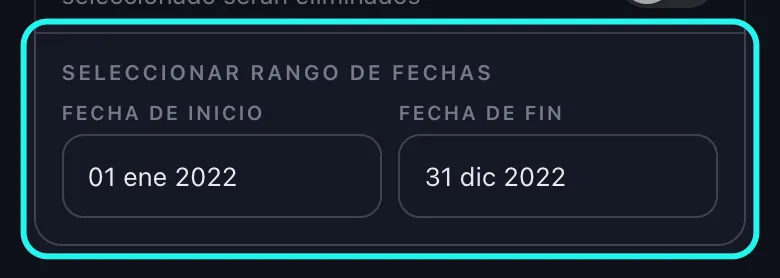 Primer plano de la tarjeta resaltada Seleccionar Rango de Fechas en la pantalla de opciones de eliminación de TikTok en Unpost, con 01 ene 2022 escrito en la casilla Fecha de Inicio y 31 dic 2022 en la casilla Fecha de Fin, una al lado de la otra.