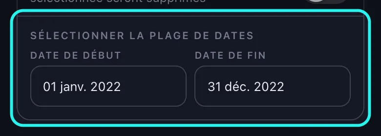 Gros plan sur la carte Sélectionner la Plage de Dates mise en évidence, sur l'écran Options de suppression de TikTok dans Unpost, avec le 1er janvier 2022 saisi dans la case Date de début et le 31 décembre 2022 dans la case Date de fin, côte à côte.