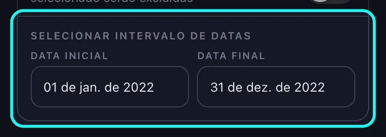 Close no card destacado "Selecionar Intervalo de Datas" da tela "Opções de exclusão" do TikTok no Unpost, com 01 de jan de 2022 preenchido na caixa "Data Inicial" e 31 de dez de 2022 na caixa "Data Final", lado a lado.