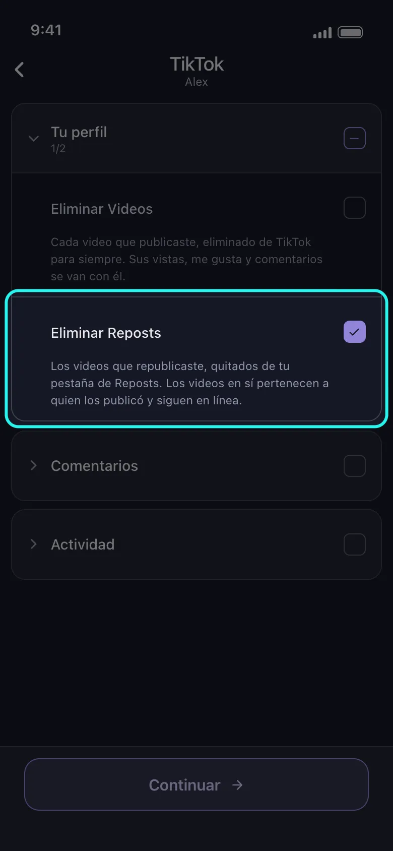 Lista de qué borrar de TikTok en Unpost con el grupo Tu perfil abierto y la fila resaltada Eliminar Reposts marcada bajo Eliminar Videos, con su descripción diciendo que los videos pertenecen a quien los publicó y siguen en línea, los grupos Comentarios y Actividad todavía cerrados y el botón Continuar debajo.