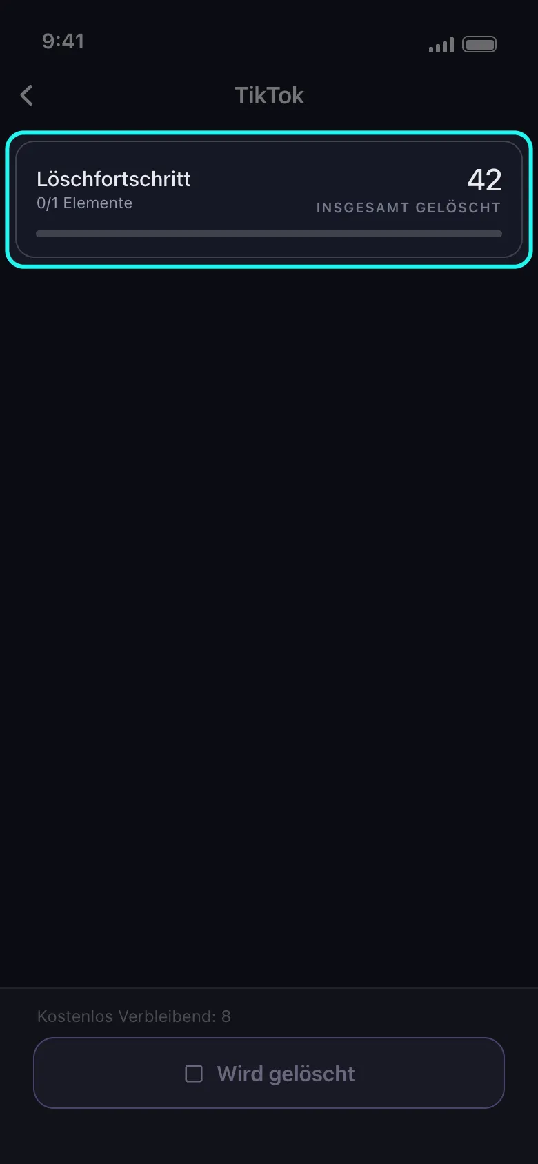 Unposts Löschbildschirm für TikTok mit hervorgehobener Fortschrittskarte: die Überschrift „Löschfortschritt“, der Zähler 0/1 Elemente für die einzige Auswahl „Reposts löschen“, der laufende Gesamtwert 42 unter „Insgesamt Gelöscht“, ein noch unfertiger Fortschrittsbalken und die Fußzeile „Kostenlos Verbleibend: 8“ neben der Schaltfläche zum Stoppen.