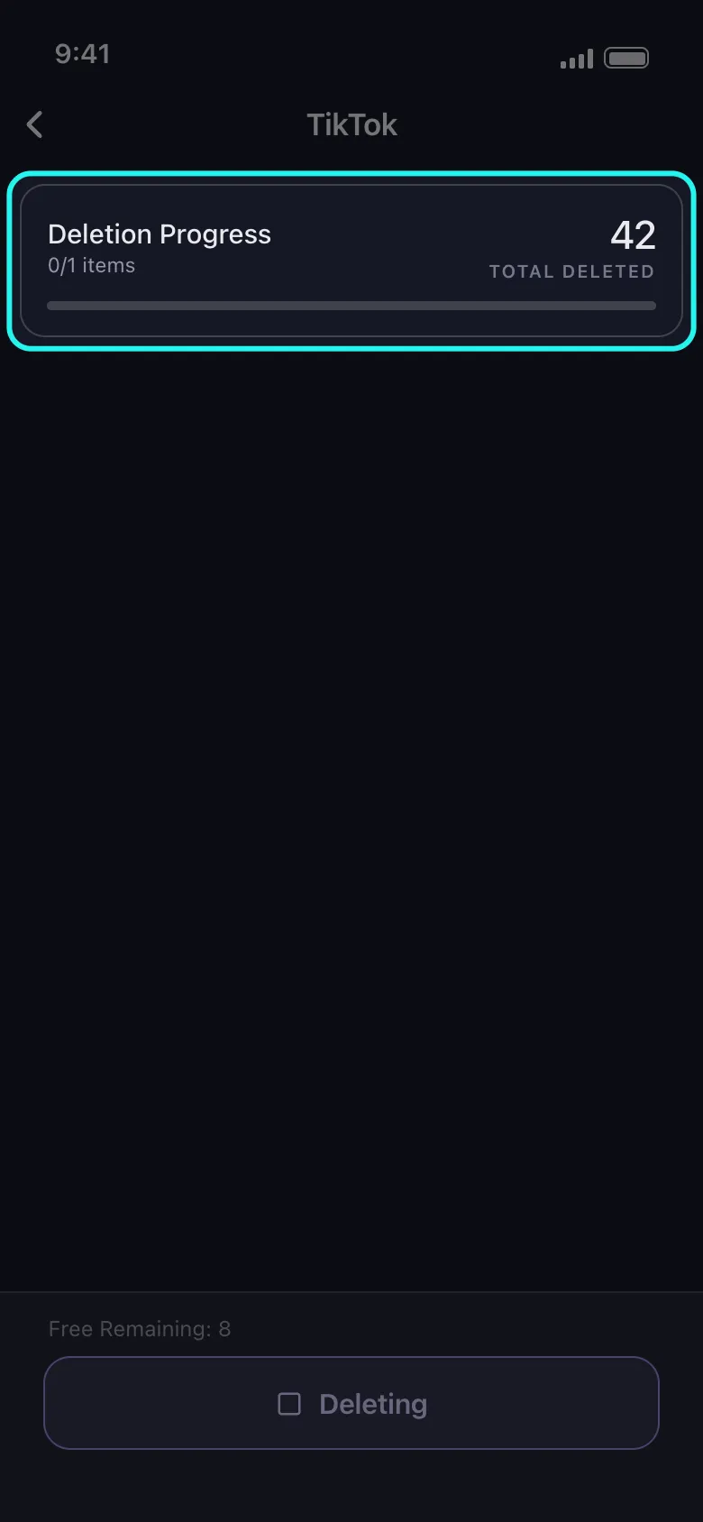 Unpost's TikTok deletion progress screen with the progress card highlighted: the Deletion Progress heading, a 0 of 1 items count for the single Delete Reposts selection, a running total of 42 deleted, an unfinished progress bar and the Free Remaining 8 footer next to the stop button.