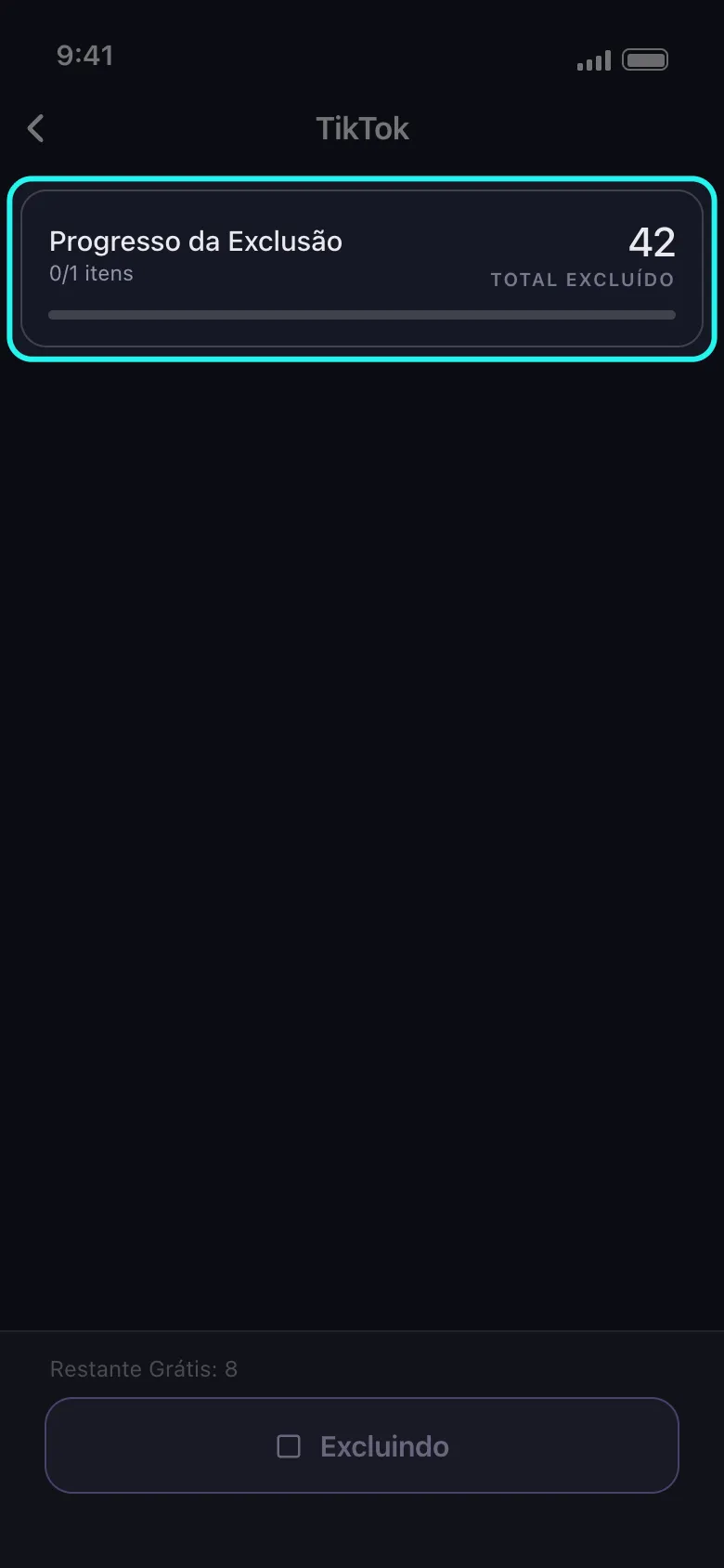 Tela de progresso da exclusão do TikTok no Unpost com o card de progresso destacado: o título "Progresso da Exclusão", a contagem "0/1 itens" da única seleção Excluir Reposts, um total de 42 excluídos correndo, a barra de progresso ainda incompleta e o rodapé "Restante Grátis: 8" ao lado do botão de parar.